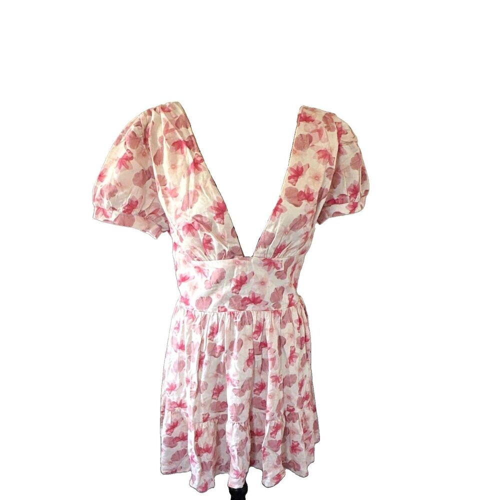 Petal + Pup Clementine Mini Dress S Cream Pink Floral Open Back V-Neck Coquette